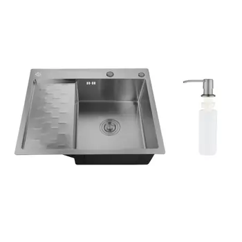 Мойка кухонная Ростовская Мануфактура Сантехники (РМС) MRK-6350BL-R с левым крылом, дозатор, графит