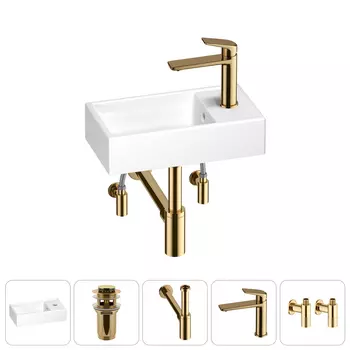 Раковина Wellsee WC Area 202010469 40х22 с донным клапаном, с сифоном, смесителем и угловыми вентилями (цвет набора золото)