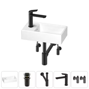 Раковина Wellsee WC Area 202010500 40х22 с донным клапаном, с сифоном, смесителем и угловыми вентилями (цвет набора матовый черный)