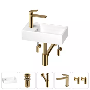 Раковина Wellsee WC Area 202010501 40х22 с донным клапаном, с сифоном, смесителем и угловыми вентилями (цвет набора золото)