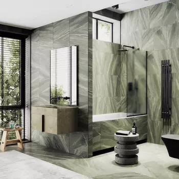 Шторка на ванну Maybah Glass MGV-92-6у 60х140 см, профиль черный, стекло сатин