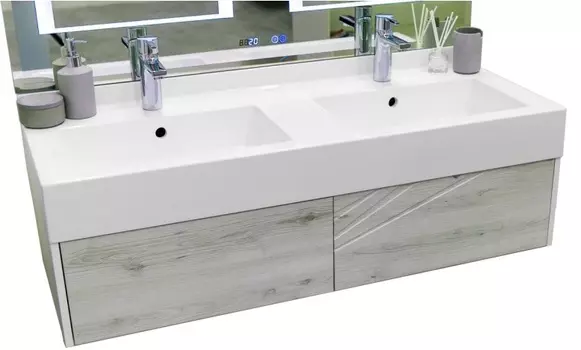 Тумба с раковиной Акватон Сакура 120 с двумя чашами ольха наварра/белый глянец