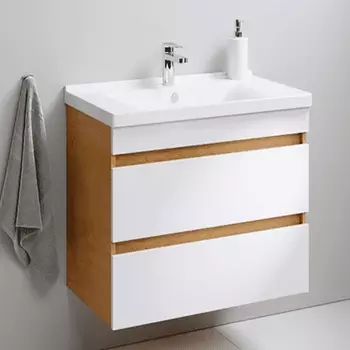 Тумба с раковиной Aquanika Base 60 подвесная, 2 ящика, дуб золотой/белый