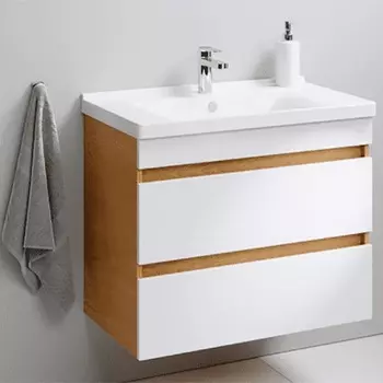 Тумба с раковиной Aquanika Base 80 подвесная, 2 ящика, дуб золотой/белый