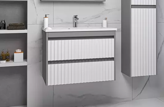 Тумба с раковиной Brevita Balaton 80 подвесная с 2 ящиками белая, серая