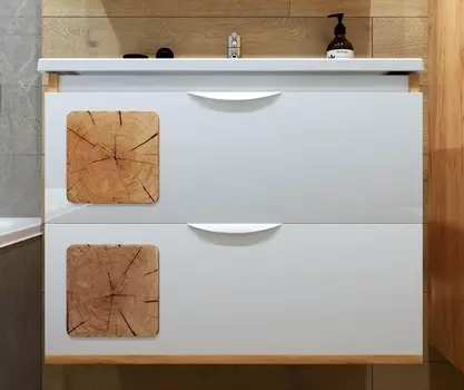 Тумба с раковиной Бриклаер Форест 80 подвесная, дуб золотой/белый глянец (раковина Mario 80)