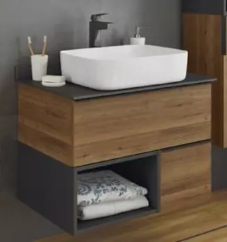 Тумба с раковиной Comforty Штутгарт 75 столешница черная, дуб тёмно-коричневый (раковина T-Y9378)