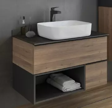 Тумба с раковиной Comforty Штутгарт 90 столешница черная, дуб тёмно-коричневый (раковина T-Y9378)