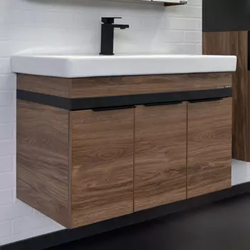 Тумба с раковиной Comforty Соло 90 дуб тёмно-коричневый с раковиной Адриана 90