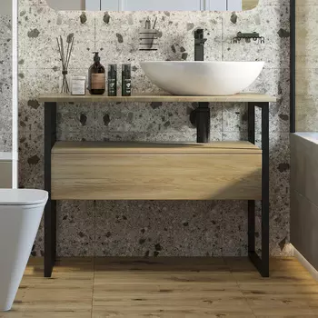 Тумба с раковиной DIWO Элиста 100 напольная, черный муар/светлое дерево (раковина Moduo 55 Leaf)