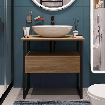 Тумба с раковиной DIWO Элиста 80 напольная, черный муар/светлое дерево (раковина Moduo 55 Leaf)