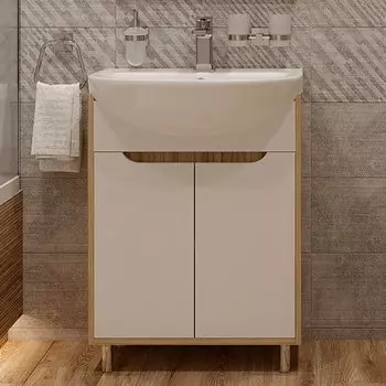 Тумба с раковиной DIWO Углич 60 напольная, белый/светлое дерево