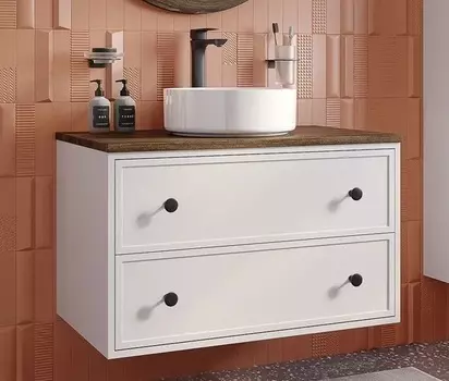 Тумба с раковиной Iddis Torr 80 подвесная, со столешницей макадамия орех, белый матовый