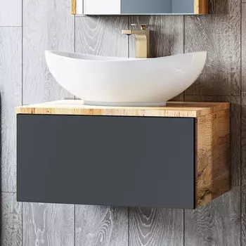 Тумба с раковиной Misty Ива 60 подвесная, с 1 ящиком, графит/каштан