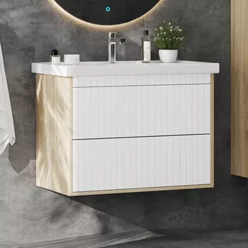 Тумба с раковиной Onika Дайлер 80 подвесная, белый матовый/дуб сонома