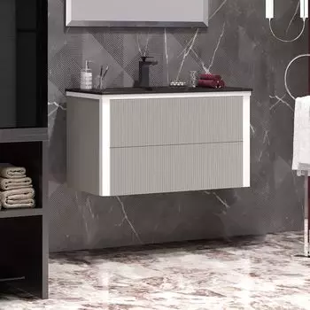 Тумба с раковиной Opadiris Рубинно 90 подвесная, серая глянцевая, черная раковина