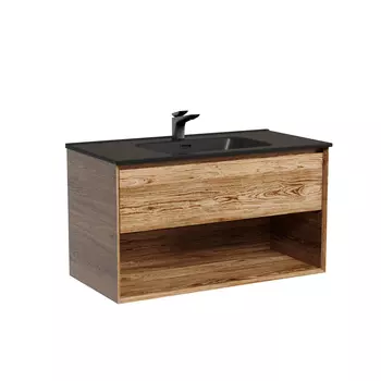 Тумба с раковиной Sancos Marmi 1.0 90 подвесная, 1 ящик, открытая ниша, дуб чарльстон (раковина СN7002MB)