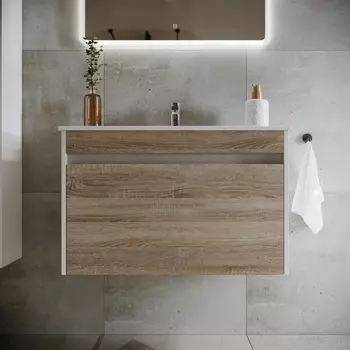 Тумба с раковиной Sancos Smart 80 подвесная, дуб бардолино/белый глянец