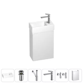 Тумба с раковиной Wellsee WC Area 40 R подвесная, белый матовый (донный клапан, сифон, смеситель, угловые вентили (цвет набора хром))