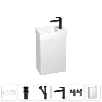Тумба с раковиной Wellsee WC Area 40 R подвесная, белый матовый (донный клапан, сифон, смеситель, угловые вентили (цвет набора матовый черный))