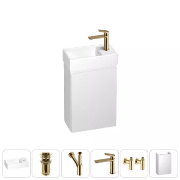 Тумба с раковиной Wellsee WC Area 40 R подвесная, белый матовый (донный клапан, сифон, смеситель, угловые вентили (цвет набора золото))