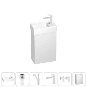 Тумба с раковиной Wellsee WC Area 40 R подвесная, белый матовый (донный клапан, сифон, смеситель, угловые вентили (цвет набора матовый белый))