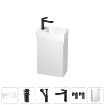 Тумба с раковиной Wellsee WC Area 40 L подвесная, белый матовый (донный клапан, сифон, смеситель, угловые вентили (цвет набора матовый черный))