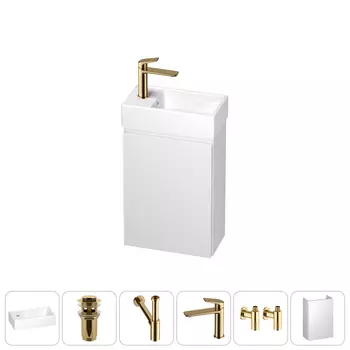 Тумба с раковиной Wellsee WC Area 40 L подвесная, белый матовый (донный клапан, сифон, смеситель, угловые вентили (цвет набора золото))