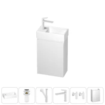 Тумба с раковиной Wellsee WC Area 40 L подвесная, белый матовый (донный клапан, сифон, смеситель, угловые вентили (цвет набора матовый белый))