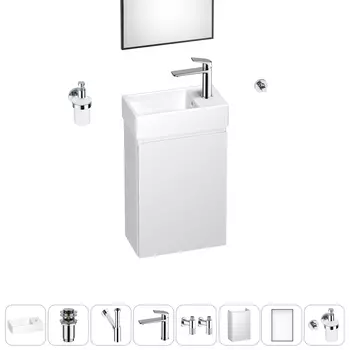 Тумба с раковиной Wellsee WC Area 40 R подвесная, белый (зеркало, донный клапан, дозатор, сифон, смеситель, угл. вентили, крючок (цвет набора хром))