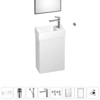 Тумба с раковиной Wellsee WC Area 40 R подвесная, белый (зеркало, донный клапан, сифон, смеситель, угловые вентили, крючок (цвет набора хром))