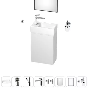 Тумба с раковиной Wellsee WC Area 40 L подвесная, белый (зеркало, донный клапан, дозатор, сифон, смеситель, угл. вентили, крючок (цвет набора хром))