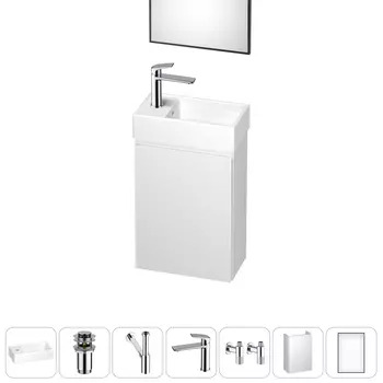 Тумба с раковиной Wellsee WC Area 40 L подвесная, белый матовый (зеркало, донный клапан, сифон, смеситель, угловые вентили (цвет набора хром))