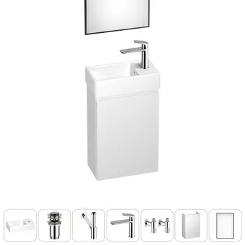 Тумба с раковиной Wellsee WC Area 40 R подвесная, белый матовый (зеркало, донный клапан, сифон, смеситель, угловые вентили (цвет набора хром))