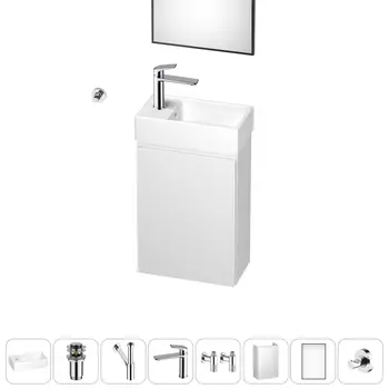 Тумба с раковиной Wellsee WC Area 40 L подвесная, белый (зеркало, донный клапан, сифон, смеситель, угловые вентили, крючок (цвет набора хром))