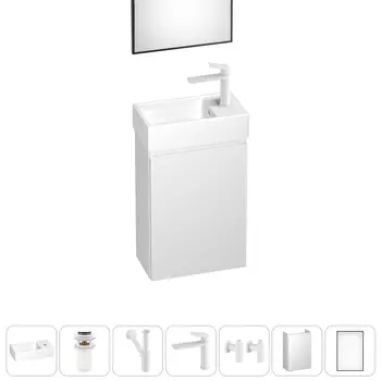 Тумба с раковиной Wellsee WC Area 40 R подвесная, белый матовый (зеркало, донный клапан, сифон, смеситель, угловые вентили (цвет набора белый))