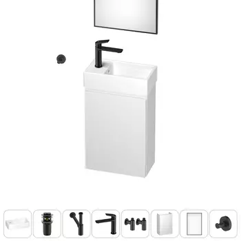 Тумба с раковиной Wellsee WC Area 40 L подвесная, белый (зеркало, донный клапан, сифон, смеситель, угловые вентили, крючок (цвет набора черный))