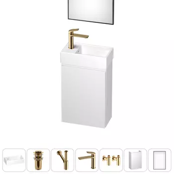 Тумба с раковиной Wellsee WC Area 40 L подвесная, белый матовый (зеркало, донный клапан, сифон, смеситель, угловые вентили (цвет набора золото))