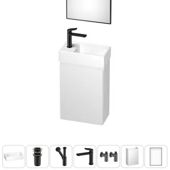 Тумба с раковиной Wellsee WC Area 40 L подвесная, белый матовый (зеркало, донный клапан, сифон, смеситель, угловые вентили (цвет набора черный))