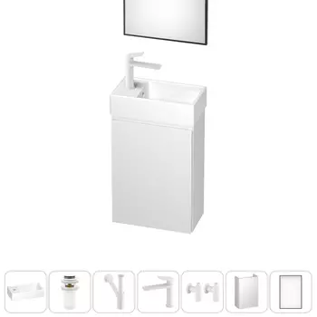 Тумба с раковиной Wellsee WC Area 40 L подвесная, белый матовый (зеркало, донный клапан, сифон, смеситель, угловые вентили (цвет набора белый))