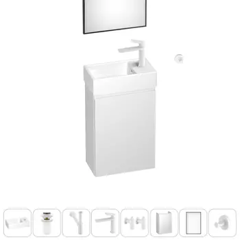 Тумба с раковиной Wellsee WC Area 40 R подвесная, белый (зеркало, донный клапан, сифон, смеситель, угловые вентили, крючок (цвет набора белый))