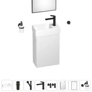 Тумба с раковиной Wellsee WC Area 40 R подвесная, белый (зеркало, донный клапан, дозатор, сифон, смеситель, угл. вентили, крючок (цвет набора черный))
