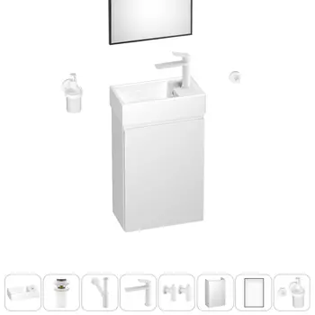 Тумба с раковиной Wellsee WC Area 40 R подвесная, белый (зеркало, донный клапан, дозатор, сифон, смеситель, угл. вентили, крючок (цвет набора белый))