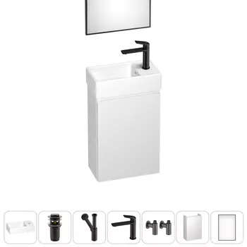 Тумба с раковиной Wellsee WC Area 40 R подвесная, белый матовый (зеркало, донный клапан, сифон, смеситель, угловые вентили (цвет набора черный))