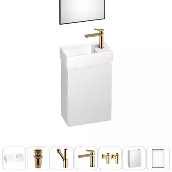 Тумба с раковиной Wellsee WC Area 40 R подвесная, белый матовый (зеркало, донный клапан, сифон, смеситель, угловые вентили (цвет набора золото))