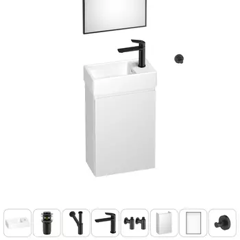 Тумба с раковиной Wellsee WC Area 40 R подвесная, белый (зеркало, донный клапан, сифон, смеситель, угловые вентили, крючок (цвет набора черный))
