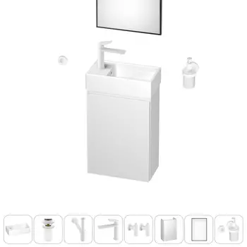 Тумба с раковиной Wellsee WC Area 40 L подвесная, белый (зеркало, донный клапан, дозатор, сифон, смеситель, угл. вентили, крючок (цвет набора белый))