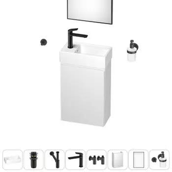 Тумба с раковиной Wellsee WC Area 40 L подвесная, белый (зеркало, донный клапан, дозатор, сифон, смеситель, угл. вентили, крючок (цвет набора черный))
