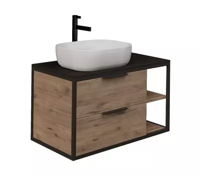 Тумба со столешницей Grossman Лофт 90 подвесная, 2 ящика, веллингтон/металл черный (раковина Grossman GR-3020)