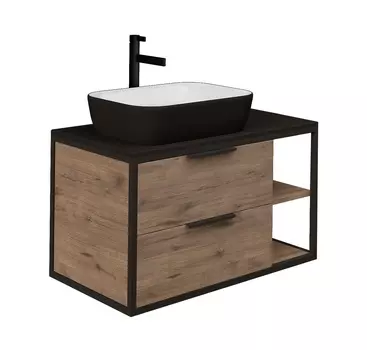 Тумба со столешницей Grossman Лофт 90 подвесная, 2 ящика, веллингтон/металл черный (раковина Grossman GR-4041BW)